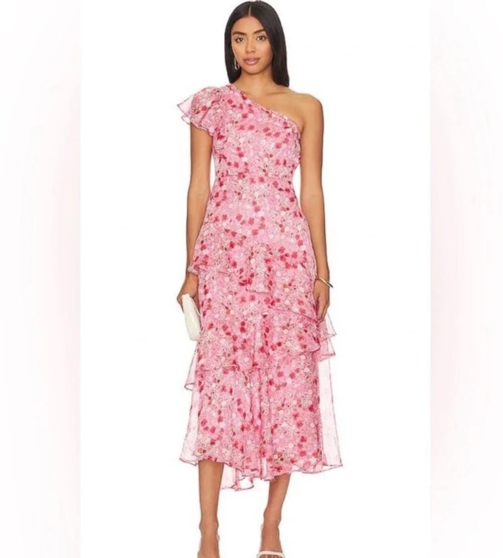 ASTR the Label Revolve One-Shoulder Pink Floral Ruffle Tiered Midi Dress Size M